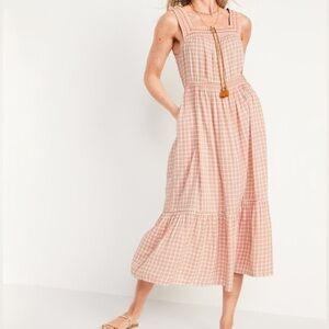 OLD NAVY SLEEVELESS WAIST DEFINED Pink Checkered COTTAGECORE MAXI Dress SIZE XXL